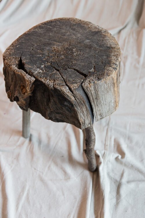 Antique French Primitive Butcher Block Stool