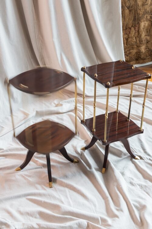 French Art Deco Mahogany & Brass Swivel Drinks Table